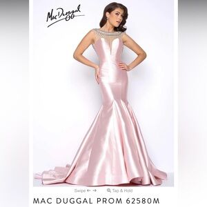 NEW Mac Duggal 62580 Prom Dress Gown Blush Pink Satin Bead High Neck Low Back 8